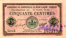 Billet de la Chambre de Commerce de Montlu�on - Gannat - 50 centimes - d�lib�ration du 12 avril 1920