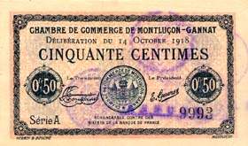 Billet de la Chambre de Commerce de Montlu�on - Gannat - 50 centimes - d�lib�ration du 14 octobre 1918
