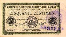 Billet de la Chambre de Commerce de Montlu�on - Gannat - 50 centimes - d�lib�ration du 18 janvier 1921