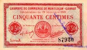 Billet de la Chambre de Commerce de Montlu�on - Gannat - 50 centimes - d�lib�ration du 19 d�cembre 1921