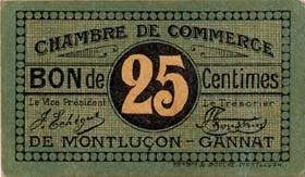 Ticket de la Chambre de Commerce de Montlu�on - Gannat - 25 centimes avec cachet noir au verso - 62 x 36 mm
