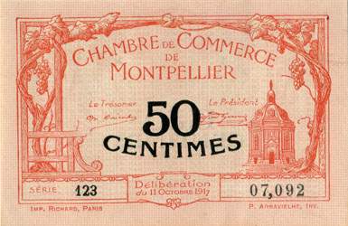 Billet de la Chambre de Commerce de Montpellier - 50 centimes - d�lib�ration du 11 octobre 1917 - s�rie 123 - n� 07,092