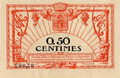 Billet de la Chambre de Commerce de Montpellier - 50 centimes - d�lib�ration du 11 octobre 1917 - s�rie 123 - n� 07,092