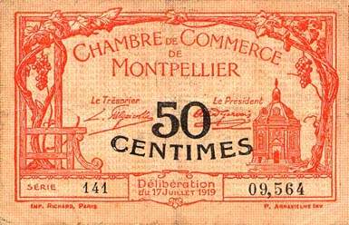 Billet de la Chambre de Commerce de Montpellier - 50 centimes - d�lib�ration du 17 juillet 1919 - s�rie 141