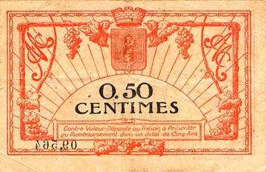 Billet de la Chambre de Commerce de Montpellier - 50 centimes - d�lib�ration du 17 juillet 1919 - s�rie 141