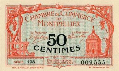 Billet de la Chambre de Commerce de Montpellier - 50 centimes - D�lib�ration du 6 janvier 1921