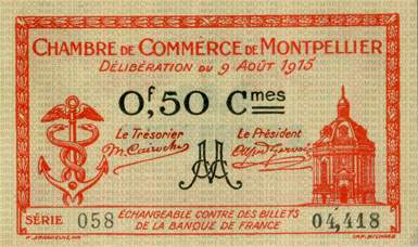 Billet de la Chambre de Commerce de Montpellier - 50 centimes - d�lib�ration du 9 ao�t 1915 (rouge avec valeur en noir) - s�rie 058 - n� 04,418