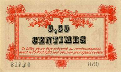 Billet de la Chambre de Commerce de Montpellier - 50 centimes - d�lib�ration du 9 ao�t 1915 (rouge avec valeur en noir) - se�rie 058 - n� 04,418
