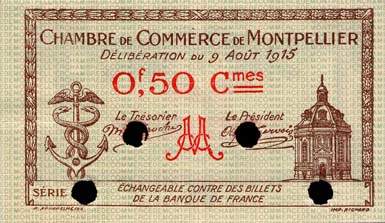 Billet de la Chambre de Commerce de Montpellier - 50 centimes - d�lib�ration du 9 ao�t 1915 (sp�cimen annul�)