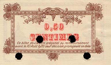 Billet de la Chambre de Commerce de Montpellier - 50 centimes - d�lib�ration du 9 ao�t 1915 (sp�cimen annul�)