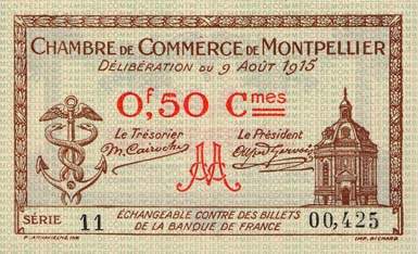 Billet de la Chambre de Commerce de Montpellier - 50 centimes - d�lib�ration du 9 ao�t 1915 (brun avec valeur en rouge)