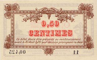 Billet de la Chambre de Commerce de Montpellier - 50 centimes - d�lib�ration du 9 ao�t 1915 (brun avec valeur en rouge)