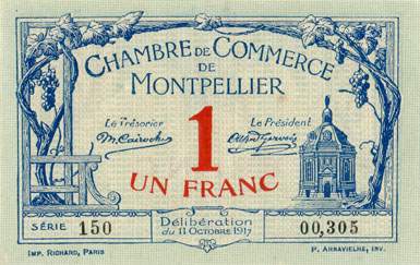 Billet de la Chambre de Commerce de Montpellier - 1 franc - d�lib�ration du 11 octobre 1917 - s�rie 150 - n� 00,305