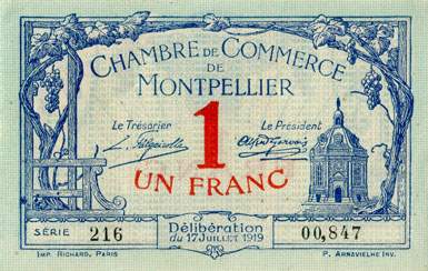 Billet de la Chambre de Commerce de Montpellier - 1 franc - d�lib�ration du 17 juillet 1919 - s�rie 216 - n� 00,847