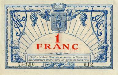 Billet de la Chambre de Commerce de Montpellier - 1 franc - d�lib�ration du 17 juillet 1919 - s�rie 216 - n� 00,847