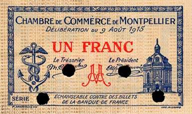 Billet de la Chambre de Commerce de Montpellier - 1 franc - d�lib�ration du 9 ao�t 1915 (sp�cimen annul�)