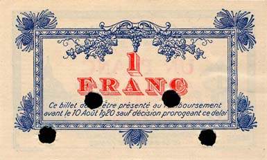 Billet de la Chambre de Commerce de Montpellier - 1 franc - d�lib�ration du 9 ao�t 1915 (sp�cimen annul�)