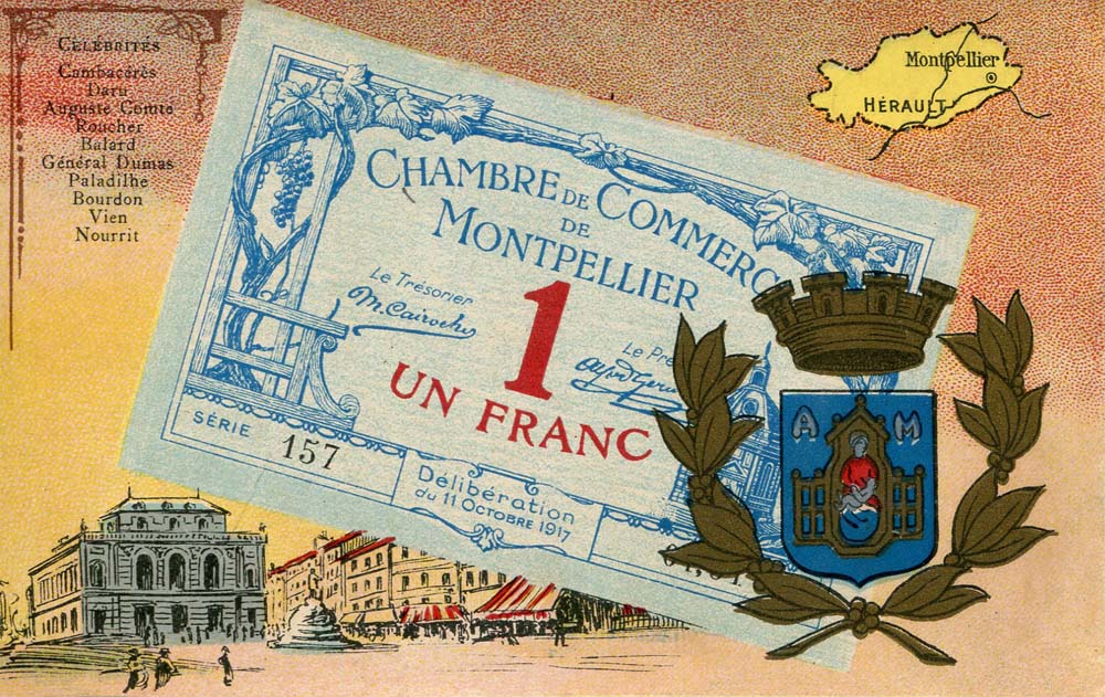 Carte postale repr�sentant un billet de 1 franc - d�lib�ration du 11 octobre 1917 - s�rie n� 157 de la Chambre de Commerce de Montpellier
