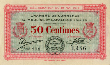 Billet de la Chambre de Commerce de Moulins et Lapalisse - 50 centimes - d�lib�ration du 12 mai 1916 - s�rie 108 - n� 1,446
