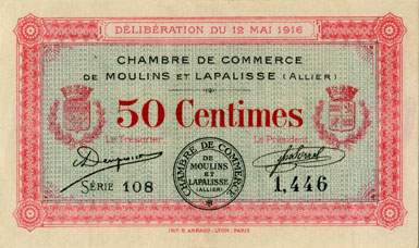Billet de la Chambre de Commerce de Moulins et Lapalisse - 50 centimes - d�lib�ration du 12 mai 1916 - s�rie 108 - n� 1,446