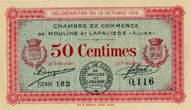 Billet de la Chambre de Commerce de Moulins et Lapalisse - 50 centimes - d�lib�ration du 13 octobre 1916 - s�rie 162 - n� 0,116
