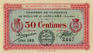 Billet de la Chambre de Commerce de Moulins et Lapalisse - 50 centimes - d�lib�ration du 13 octobre 1916 - s�rie 162 - n� 2,447