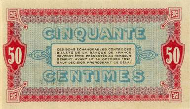 Billet de la Chambre de Commerce de Moulins et Lapalisse - 50 centimes - d�lib�ration du 13 octobre 1916 - s�rie 162 - n� 2,447