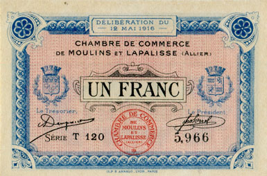 Billet de la Chambre de Commerce de Moulins et Lapalisse - 1 franc - d�lib�ration du 12 mai 1916 - s�rie T 120 - n� 5,966