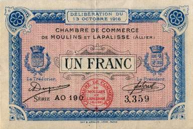 Billet de la Chambre de Commerce de Moulins et Lapalisse - 1 franc - délibération du 13 octobre 1916 - série AO 190