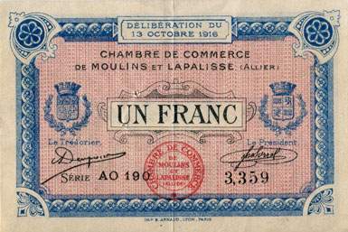 Billet de la Chambre de Commerce de Moulins et Lapalisse - 1 franc - d�lib�ration du 13 octobre 1916 - s�rie AO 190