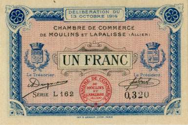 Billet de la Chambre de Commerce de Moulins et Lapalisse - 1 franc - d�lib�ration du 13 octobre 1916 - s�rie L 162 - n� 0,320
