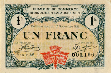 Billet de la Chambre de Commerce de Moulins et Lapalisse - 1 franc - d�lib�ration du 17 novembre 1921 - s�rie 42 - n� 003,166