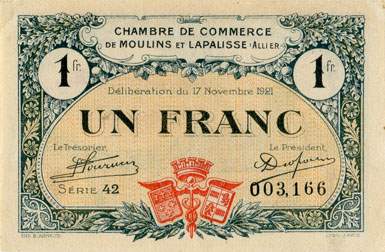 Billet de la Chambre de Commerce de Moulins et Lapalisse - 1 franc - d�lib�ration du 17 novembre 1921 - s�rie 42 - n� 003,166