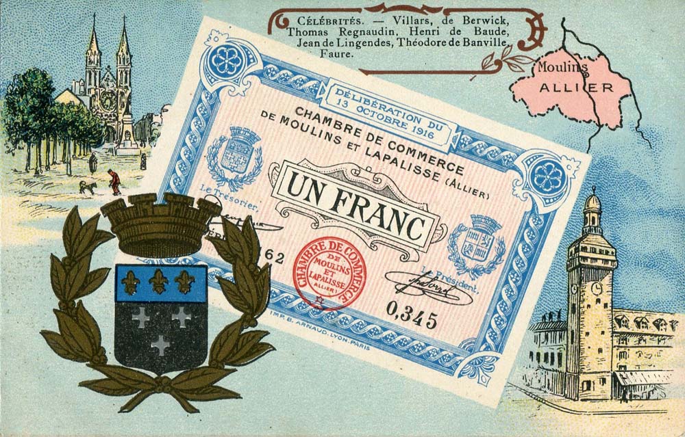 Carte postale représentant un billet de 1 franc - délibération du 13 octobre 1916 - n° 0,345 - de la Chambre de Commerce de Moulins et Lapalisse