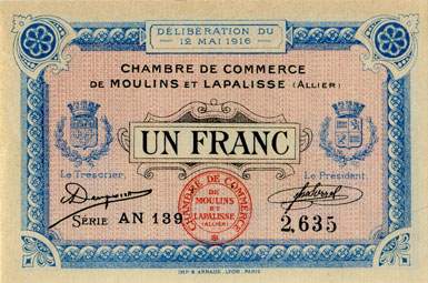 Billet de la Chambre de Commerce de Moulins et Lapalisse - 1 franc - d�lib�ration du 12 mai 1916 - s�rie AN 139 - n� 2,635