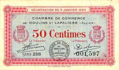 Billet de la Chambre de Commerce de Moulins et Lapalisse - 50 centimes - Délibération du 9 janvier 1920