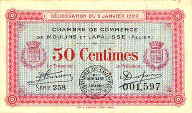 Billet de la Chambre de Commerce de Moulins et Lapalisse - 50 centimes - D�lib�ration du 9 janvier 1920