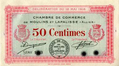 Billet de la Chambre de Commerce de Moulins et Lapalisse - 50 centimes - d�lib�ration du 12 mai 1916 - sp�cimen annul�