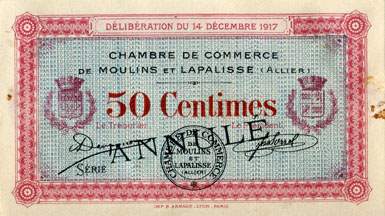 Billet de la Chambre de Commerce de Moulins et Lapalisse - 50 centimes - D�lib�ration du 14 d�cembre 1917 - sp�cimen annul�