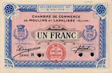 Billet de la Chambre de Commerce de Moulins et Lapalisse - 1 franc - délibération du 12 mai 1916 - spécimen annulé