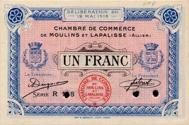 Billet de la Chambre de Commerce de Moulins et Lapalisse - 1 franc - d�lib�ration du 12 mai 1916 - sp�cimen annul�