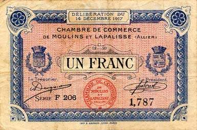 Billet de la Chambre de Commerce de Moulins et Lapalisse - 1 franc - Délibération du 14 décembre 1917