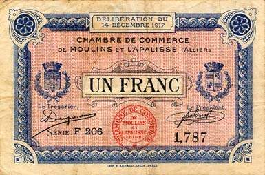 Billet de la Chambre de Commerce de Moulins et Lapalisse - 1 franc - D�lib�ration du 14 d�cembre 1917