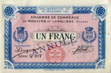 Billet de la Chambre de Commerce de Moulins et Lapalisse - 1 franc - D�lib�ration du 14 d�cembre 1917 - sp�cimen annul�
