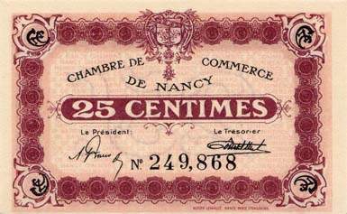 Billet de la Chambre de Commerce de Nancy - 25 centimes - sans date - imprimerie Berger-Levrault - sans filigrane