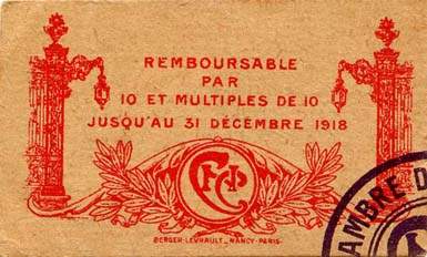 Billet de la Chambre de Commerce de Nancy - 25 centimes - remboursable jusqu'au 31 décembre 1918
