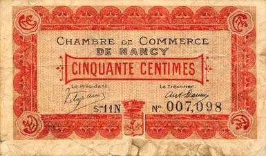 Billet de la Chambre de Commerce de Nancy - 50 centimes - 1er septembre 1918