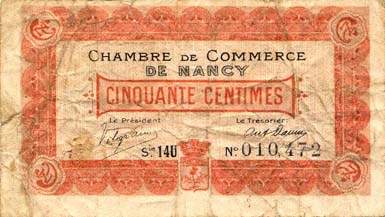 Billet de la Chambre de Commerce de Nancy - 50 centimes - 11 novembre 1918