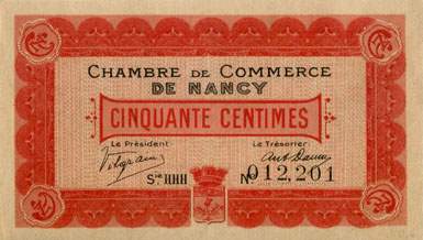 Billet de la Chambre de Commerce de Nancy - 50 centimes - 1er janvier 1916 - s�rie HHH