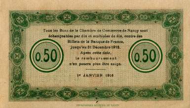 Billet de la Chambre de Commerce de Nancy - 50 centimes - 1er janvier 1916 - série HHH